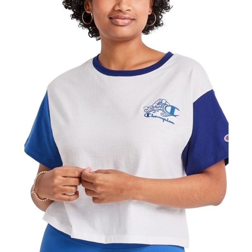 Champion Womens White Colorblock Workout Tee Crop Top Athletic NWT, shirt L